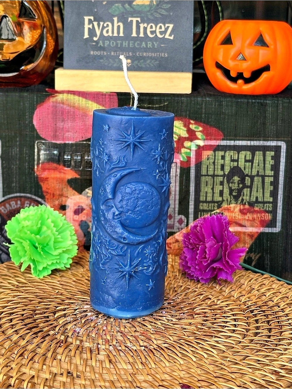 Celestial Moon & Stars Pillar Candle – Deep Blue